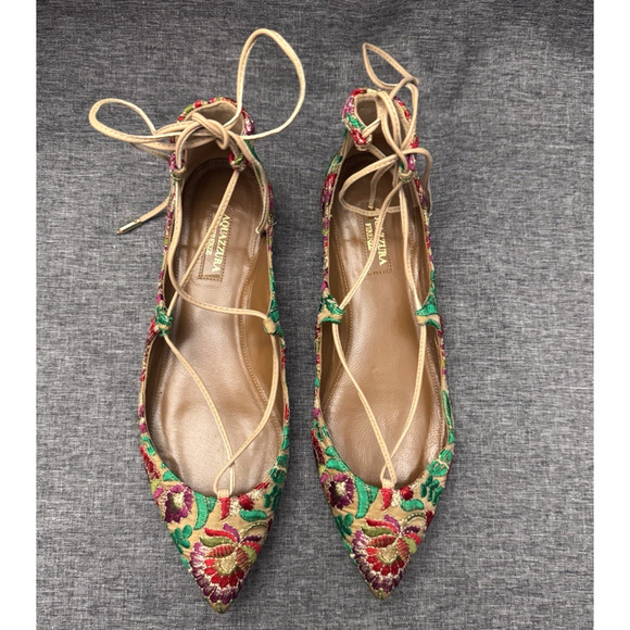 Aquazzura Christy Embroidered Floral Canvas Pointed -Toe Flats Eu 37.5 US 7.5 - Picture 2 of 9
